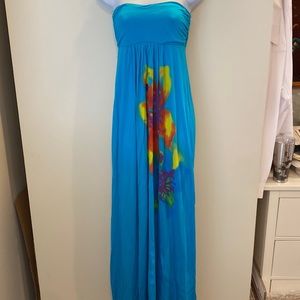 Maxi S turquoise long dress with spray painted flowers and designs. Strapless